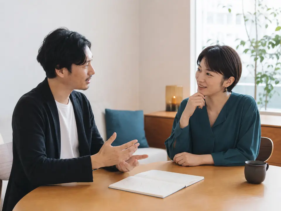 ノートを開き、互いの考えや働きやすい条件について対話する二人